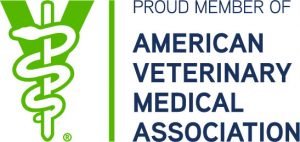 Logo mit grünem Veterinärsymbol und Text: „Stolzes Mitglied der American Veterinary Medical Association.“.